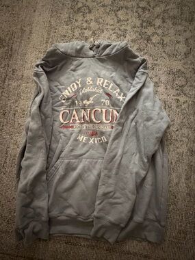 Gray Graphic Pullover Hoodie with Red and White Print